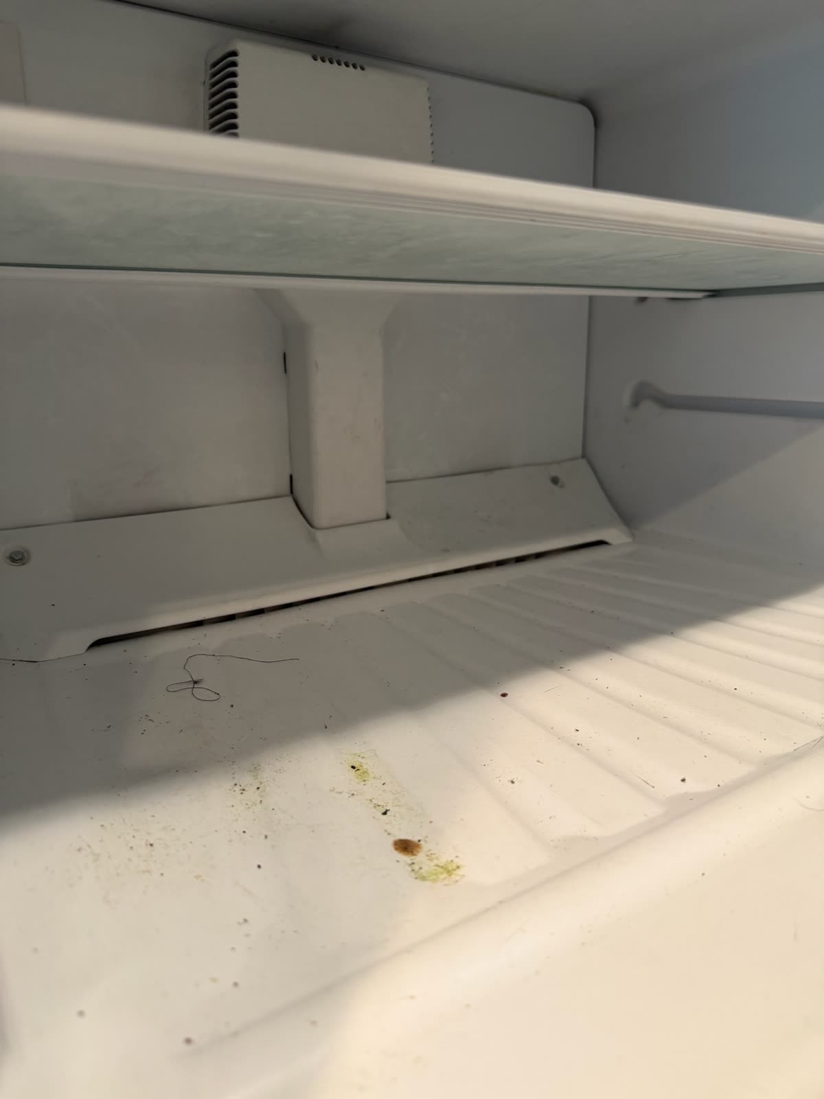 Refrigerator interior with food spills on the bottom shelf